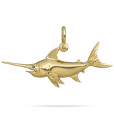 Solid 14k Gold Swordfish Pendant High Polished Mirror Finish With Blue Sapphire Eye with A Mariner Shackle Bail Custom Designed By Nautical Treasure Jewelry In The Florida Keys